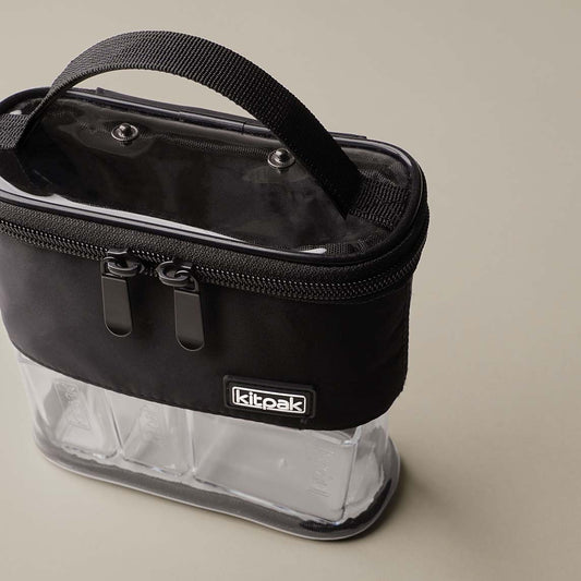 Empty bag for organizing eyeliner pencils and lip liner with double zipper closure and top handle.